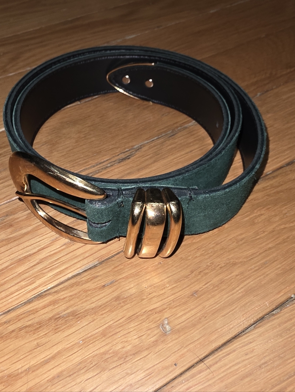 VINTAGE  A. BROD LEATHER Gold-Buckle Dark Green Suede Belt SIZE LARGE